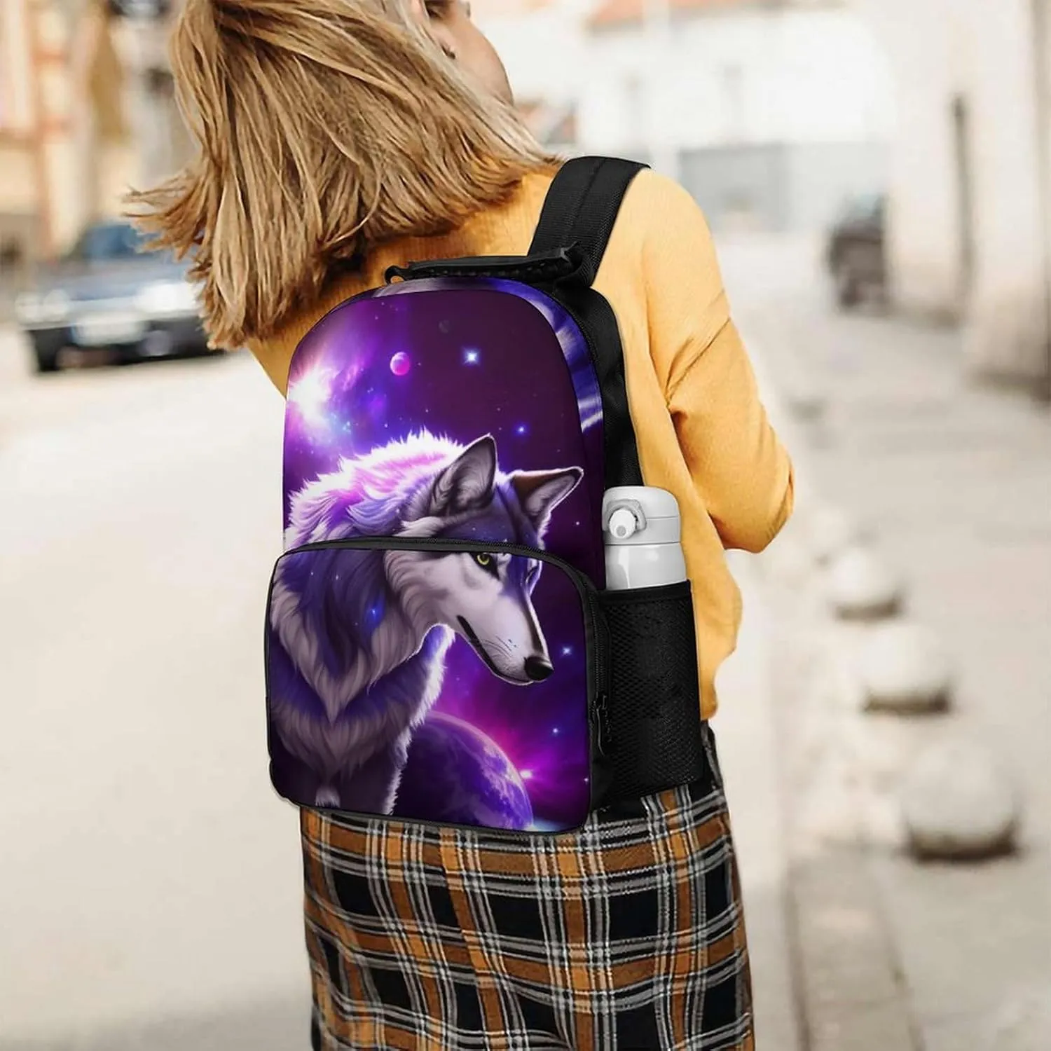 Polyester Daypack for Hiking Work Running - Big Capacity Anti-Theft Multipurpose Shoulder Bag, Blue Universe Galaxy Magic Wolf In The Space Art Travel and Sport Backpack Rucksack