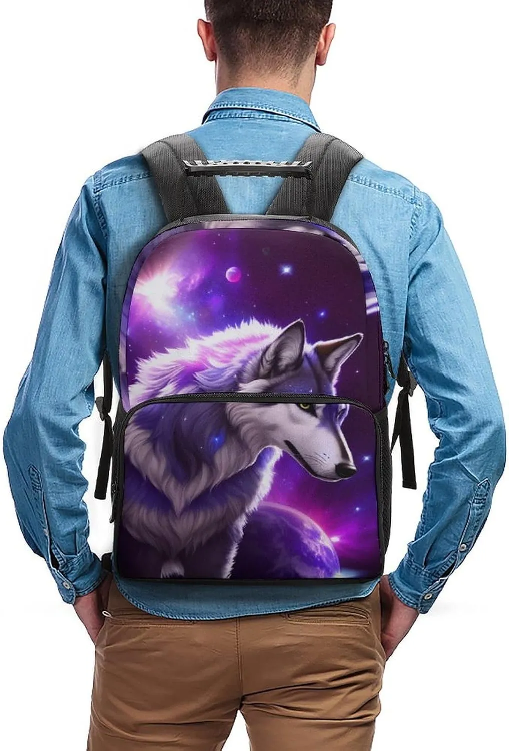 Polyester Daypack for Hiking Work Running - Big Capacity Anti-Theft Multipurpose Shoulder Bag, Blue Universe Galaxy Magic Wolf In The Space Art Travel and Sport Backpack Rucksack