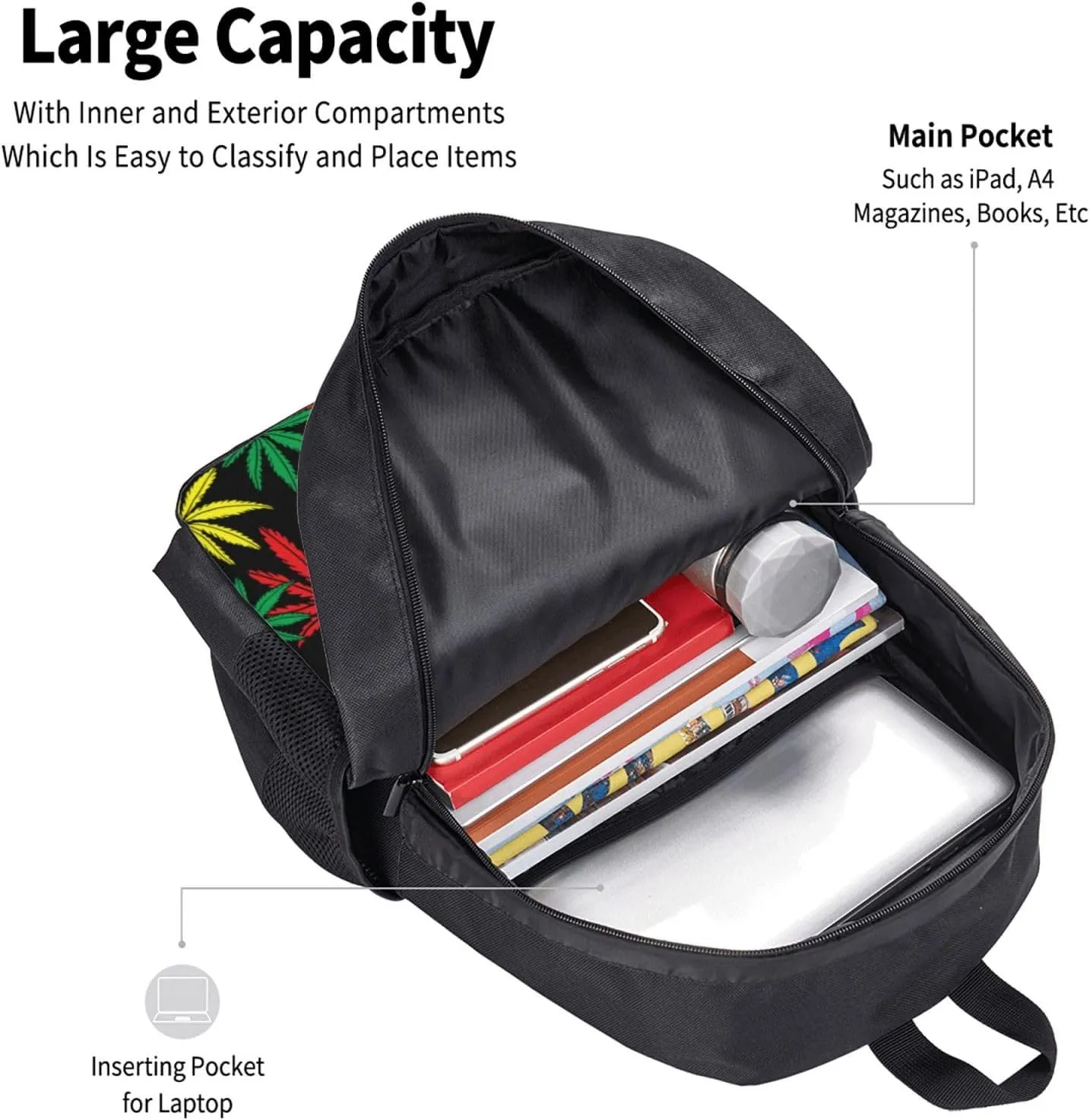 Polyester Daypack for Rasta Weedleaf Leaves Traveling & Camping Backpack - Large Capacity Multipurpose Anti-Theft Carry On Bag for Men Women