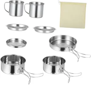 POPETPOP Camping Pot Set Hiking BBQ Utensil 8-Piece Stainless Steel Portable Outdoor Cooking Kit