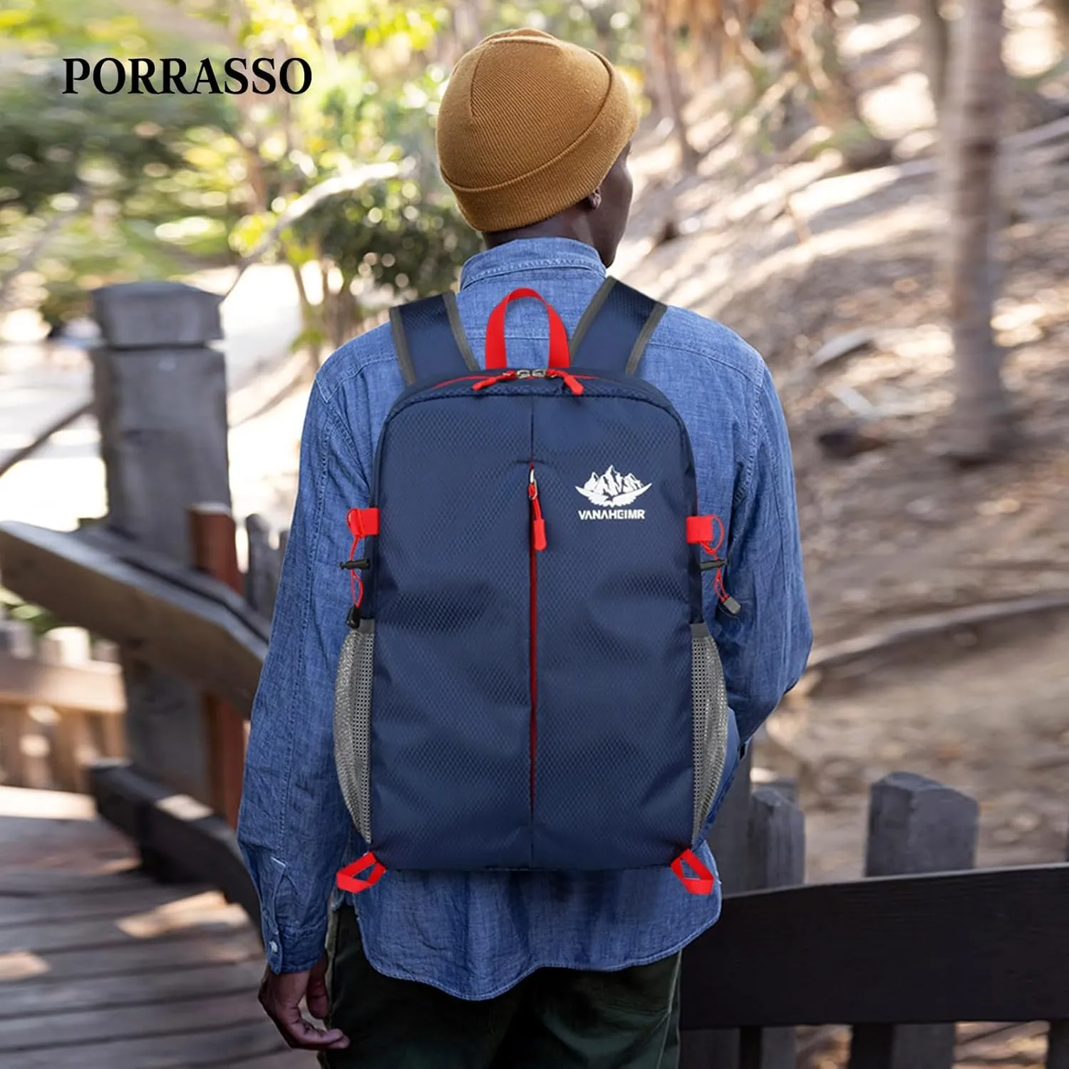 PORRASSO Hiking Backpack Foldable Daypack 20L Rucksack Lightweight Waterproof Backpack for Women Men Camping Trekking Cycling Climbing Outdoor Sports Dark Blue