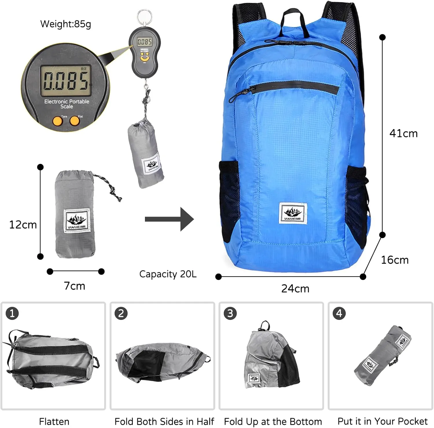 PORRASSO Hiking Backpack Foldable Waterproof Daypack 20L Lightweight Rucksack Backpack for Women Men Camping Trekking Cycling Climbing Outdoor Sports Blue B