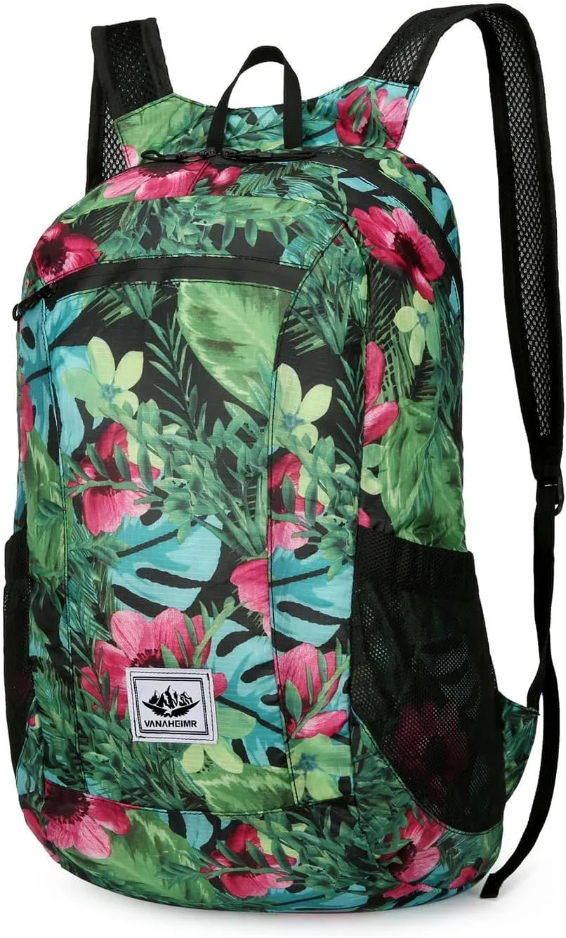 PORRASSO Hiking Backpack Foldable Waterproof Daypack 20L Lightweight Rucksack Backpack for Women Men Camping Trekking Cycling Climbing Outdoor Sports Green Flower