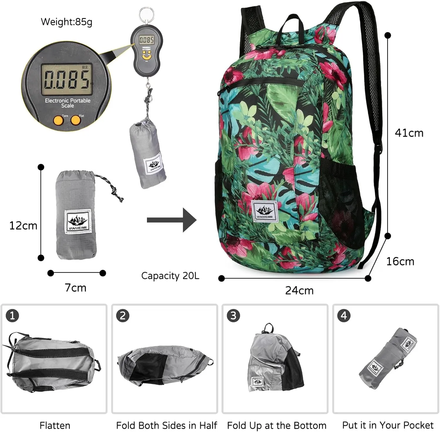 PORRASSO Hiking Backpack Foldable Waterproof Daypack 20L Lightweight Rucksack Backpack for Women Men Camping Trekking Cycling Climbing Outdoor Sports Green Flower