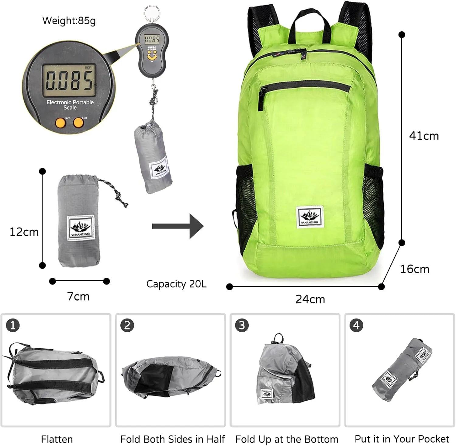 PORRASSO Hiking Backpack Foldable Waterproof Daypack 20L Lightweight Rucksack Backpack for Women Men Camping Trekking Cycling Climbing Outdoor Sports Green