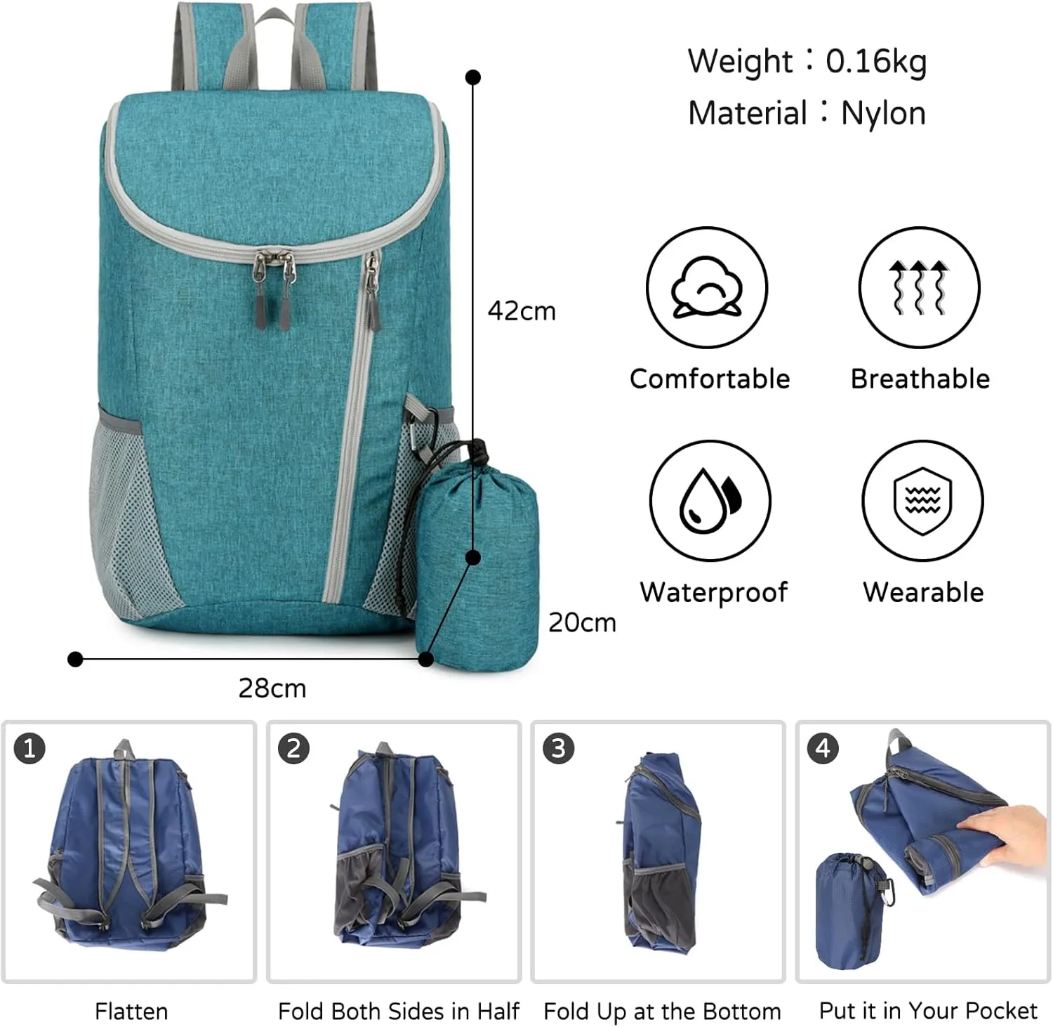 PORRASSO Hiking Backpack Foldable Waterproof Daypack Lightweight Rucksack Backpack for Women Men Camping Trekking Cycling Climbing Outdoor Sports Green