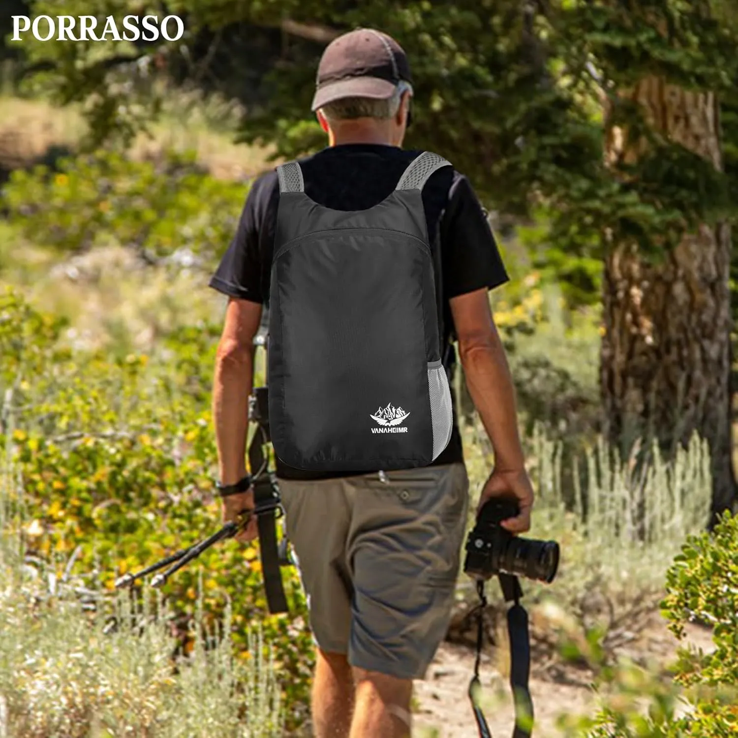 PORRASSO Hiking Backpack Lightweight Waterproof Daypack 20L Foldable Rucksack Backpack for Women Men Camping Trekking Cycling Climbing Outdoor Sports Black