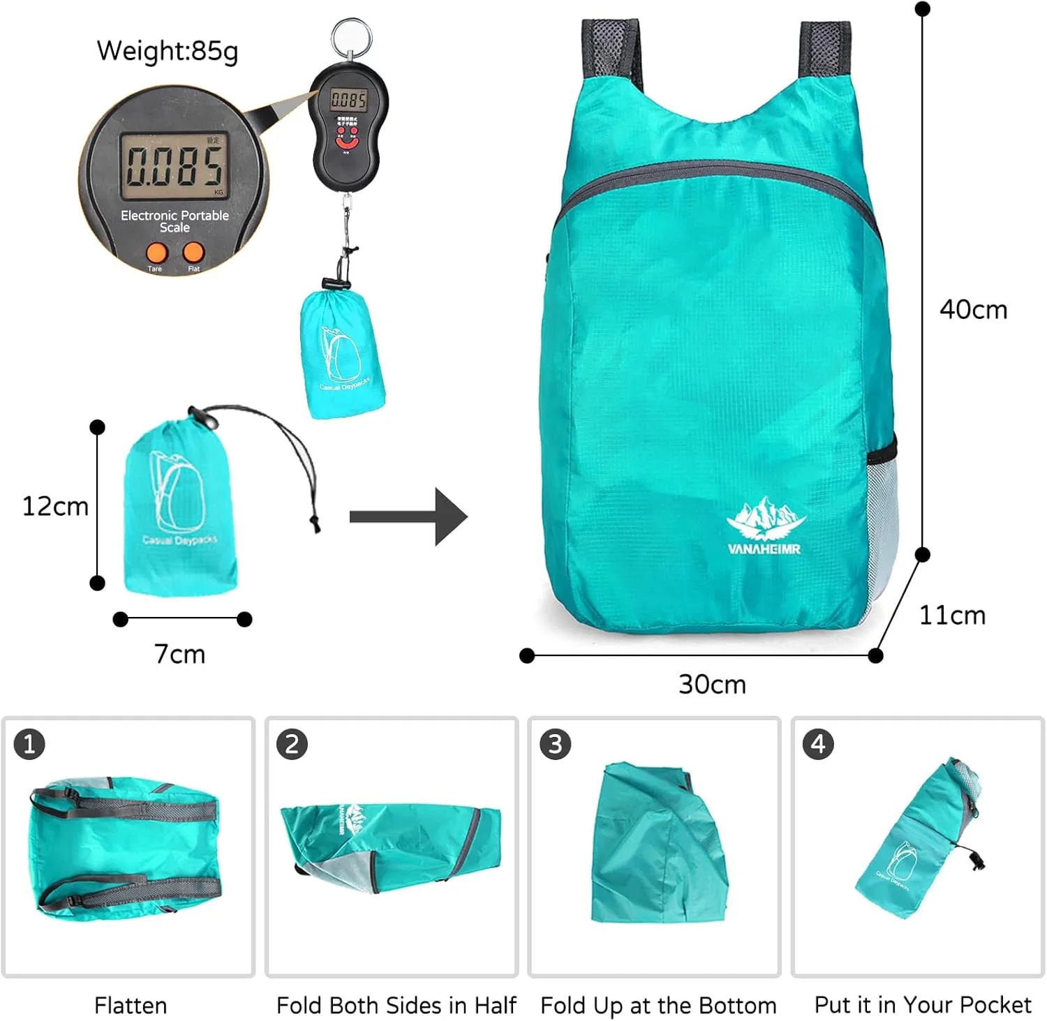 PORRASSO Hiking Backpack Lightweight Waterproof Daypack 20L Foldable Rucksack Backpack for Women Men Camping Trekking Cycling Climbing Outdoor Sports Black