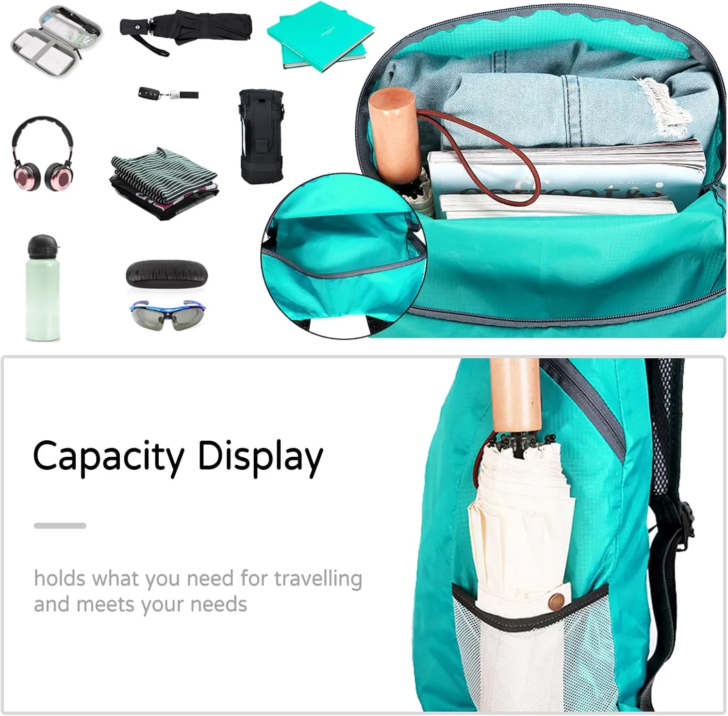 PORRASSO Hiking Backpack Lightweight Waterproof Daypack 20L Foldable Rucksack Backpack for Women Men Camping Trekking Cycling Climbing Outdoor Sports Black