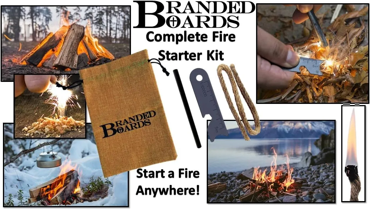 Portable Bushcraft Stainless BBQ Cooking Grill Grate, Bamboo Cutting Board, Burlap Bag, Mini Knife, Fire Starter Kits. Camping, Campfires, Backpacking, Hunting & Fishing Gear