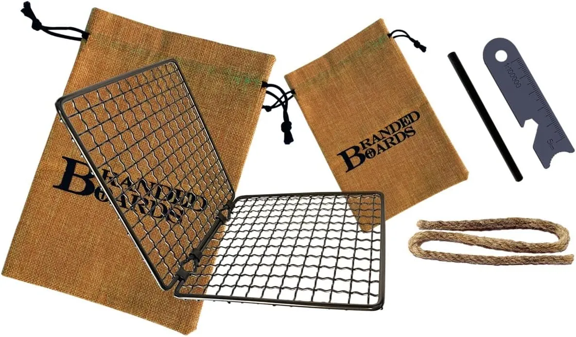 Portable Bushcraft Stainless BBQ Cooking Grill Grate, Bamboo Cutting Board, Burlap Bag, Mini Knife, Fire Starter Kits. Camping, Campfires, Backpacking, Hunting & Fishing Gear