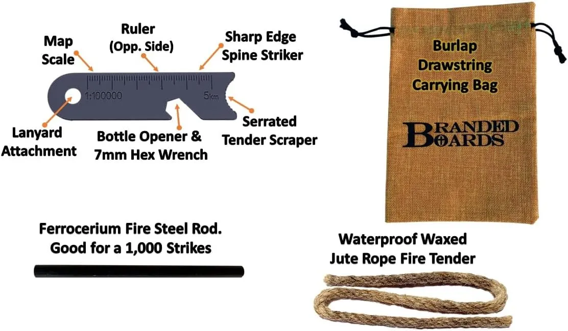 Portable Bushcraft Stainless BBQ Cooking Grill Grate, Bamboo Cutting Board, Burlap Bag, Mini Knife, Fire Starter Kits. Camping, Campfires, Backpacking, Hunting & Fishing Gear