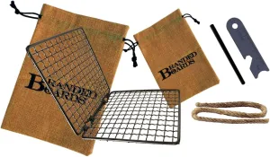 Portable Bushcraft Stainless BBQ Cooking Grill Grate, Bamboo Cutting Board, Burlap Bag, Mini Knife, Fire Starter Kits. Camping, Campfires, Backpacking, Hunting & Fishing Gear