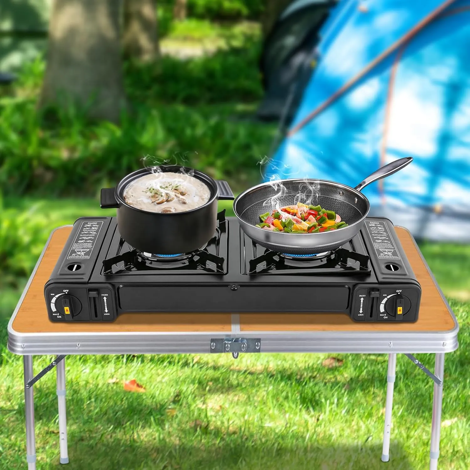 Portable Butane Camping Stove 2-Burner, Camping Stove with Carrying Case, Auto Ignition Camping Burner for RV, Apartments, Camping, Outdoor (Black)