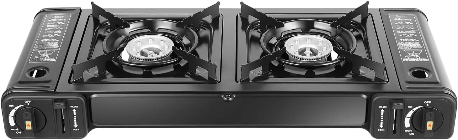 Portable Butane Camping Stove, 2 Burners Camping Stove with Grill Tray & Storage Case, Piezoelectric Ignition Camping Stove for Camping, Picnics, Terrace Barbecue Parties