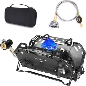 Portable Butane Camping Stove 8190BTU Butane stove Peizo Click Ignition With carrying bag Isobutane Adapter Hose Portable Cassette Stove for Outdoor Backpacking Hiking Outdoor Camping Cooking