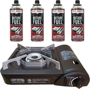 Portable Butane Camping Stove COMBO, Piezo Ignition Wind-Guard 7,650 BTU Portable Stove Burner w/ 4 x 8oz. Butane Fuel Canister for Emergencies, Hiking & Outdoor Camping Essential by Chef Master 90027
