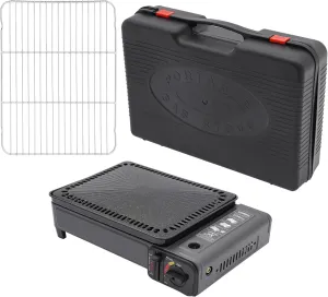 Portable Butane Camping Stove with 2 Gas Connections, Piezo-electric ignition Gas Grill Stove with Detachable Net & Baking Sheet Clip Oil Pan Brush, Tabletop BBQ Grill for Outdoor Cooking, Hiking