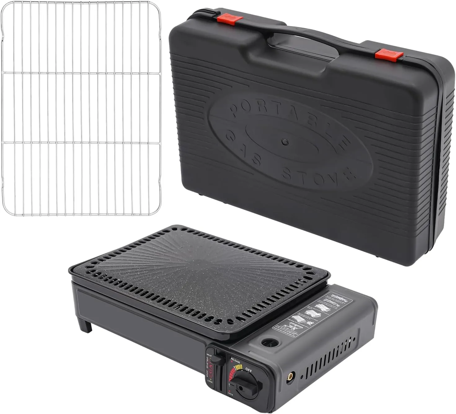 Portable Butane Camping Stove with 2 Gas Connections, Piezo-electric ignition Gas Grill Stove with Detachable Net & Baking Sheet Clip Oil Pan Brush, Tabletop BBQ Grill for Outdoor Cooking, Hiking