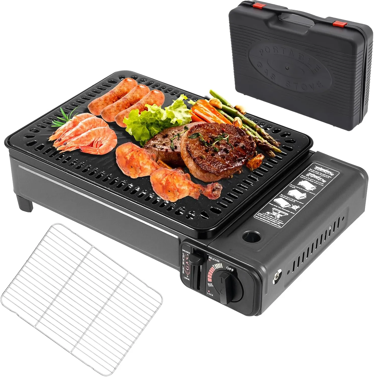 Portable Butane Grill Stove, Portable Camping BBQ Grill Gas Stove Butane Gas Stove Korean BBQ Grill for Outdoor Camping Traveling, w/Grilling Net & Baking Sheet
