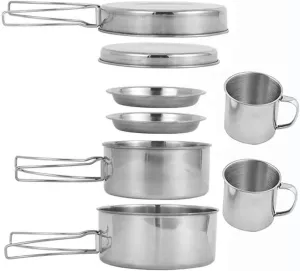 Portable Camping Cooking Pot Set Stainless Steel 1 Set Outdoor Cooking Supplies Hiking Pan Kit