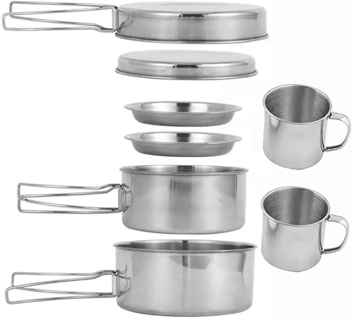 Portable Camping Cooking Pot Set Stainless Steel 1 Set Outdoor Cooking Supplies Hiking Pan Kit