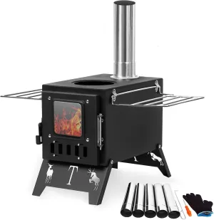 Portable Camping Tent Stove, Compact Wood Burning Outdoor Heater, Foldable Camp Stove with Chimneys Pipes, Glass Window, Adjustable Airflow, Tent Heater for Camping Cooking 1 Set