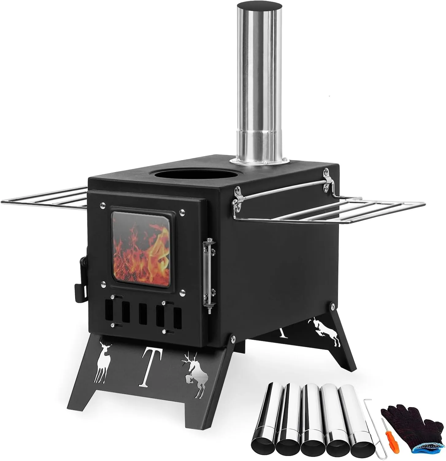 Portable Camping Tent Stove, Compact Wood Burning Outdoor Heater, Foldable Camp Stove with Chimneys Pipes, Glass Window, Adjustable Airflow, Tent Heater for Camping Cooking 1 Set