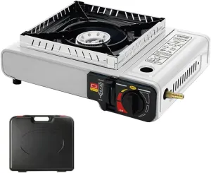 Portable Dual Fuel Stove with Butane & Propane10000 BTU, Double Wind-Guard Camping Stove with Carrying Case for Emergency, Tailgating, Hiking, Backpacking, Camping Essentials (White)