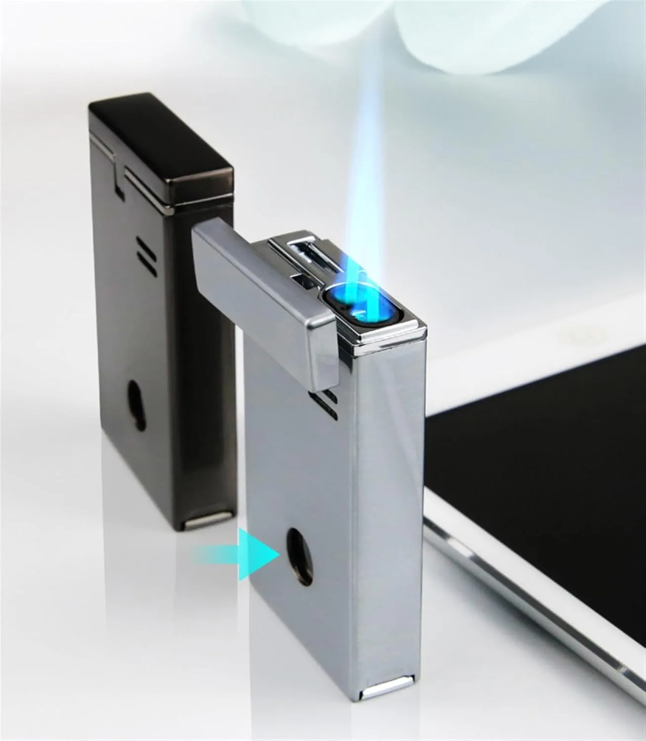 Portable Gas Lighter, Refillable Butane, Windproof, Adjustable Flame, Made Metal, with Visible Butane Window, Suitable for Camping and Hiking,(Purple)