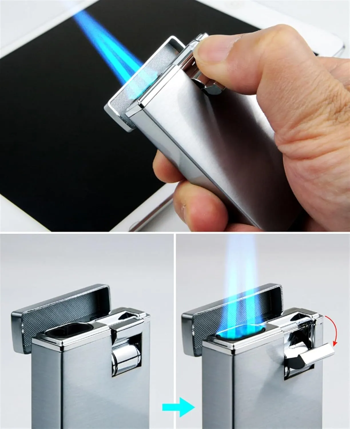 Portable Gas Lighter, Refillable Butane, Windproof, Adjustable Flame, Made Metal, with Visible Butane Window, Suitable for Camping and Hiking,(Purple)