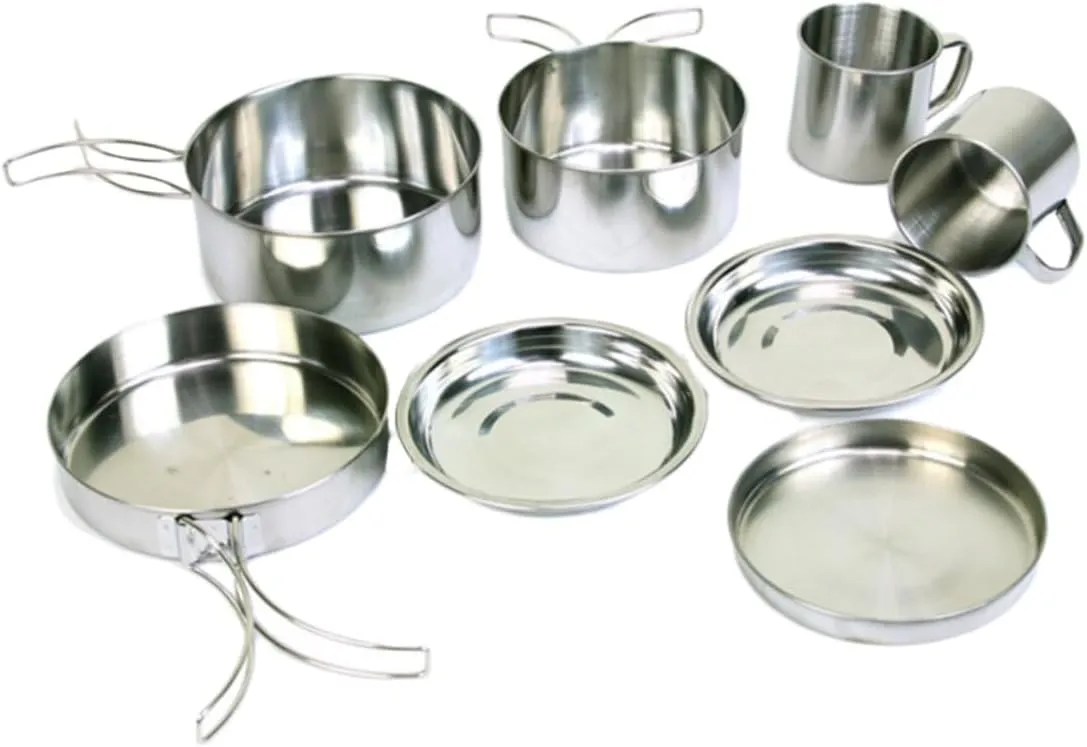 Portable Outdoor Cookware Set 8-in-1 Stainless Steel Camping Pot Pan Bowl Plate Cup for BBQ Hiking Hunting