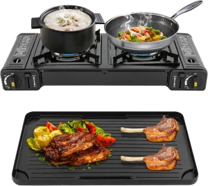 Portable Propane Camp Stove - 2 Burner Gas Stove With Double Auto Ignition, Non-sticking Grill Tray for RV Apartments Outdoor Camping