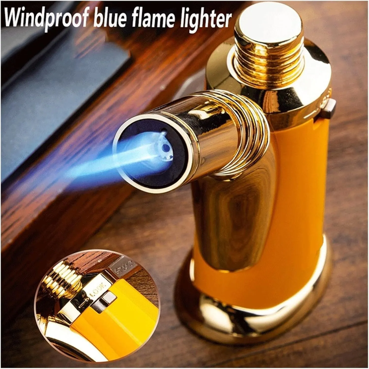 Portable Retro Metal Windproof Lighters, 1300 Degree High Temperature Jet Flame, Adjustable Flame with Safety Lock, Refillable Gas Portable Lighter (No Fuel)(Yellow)