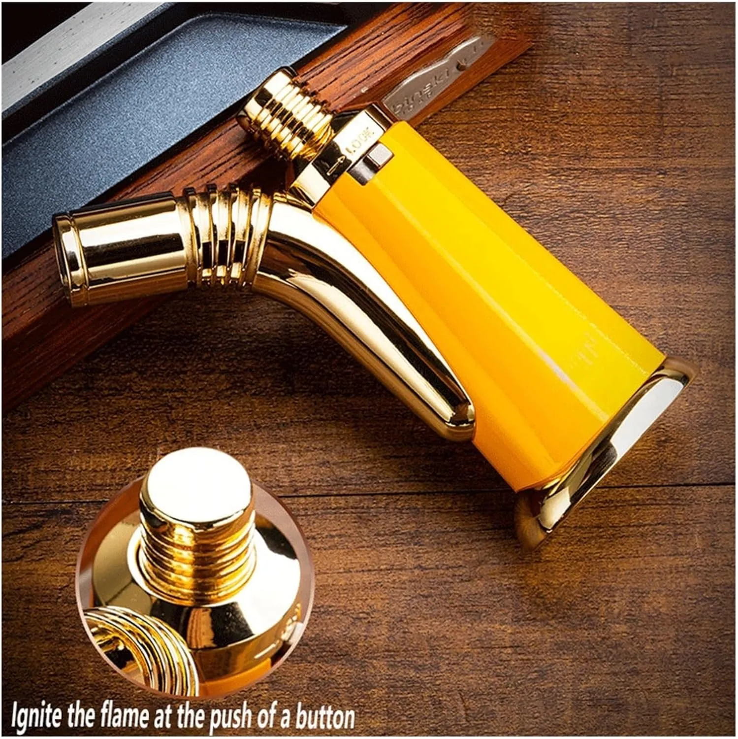 Portable Retro Metal Windproof Lighters, 1300 Degree High Temperature Jet Flame, Adjustable Flame with Safety Lock, Refillable Gas Portable Lighter (No Fuel)(Yellow)