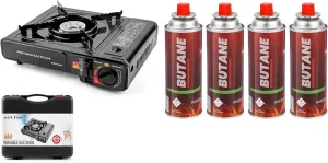 Portable Stove – High BTU, Professional Quality, Portable, with Carry Case, High Performance, Electronic Ignition, Brass Burner, Double Wind Guard   Butane Fuel Cylinders (Stove   4 Pack Butane Fuel)