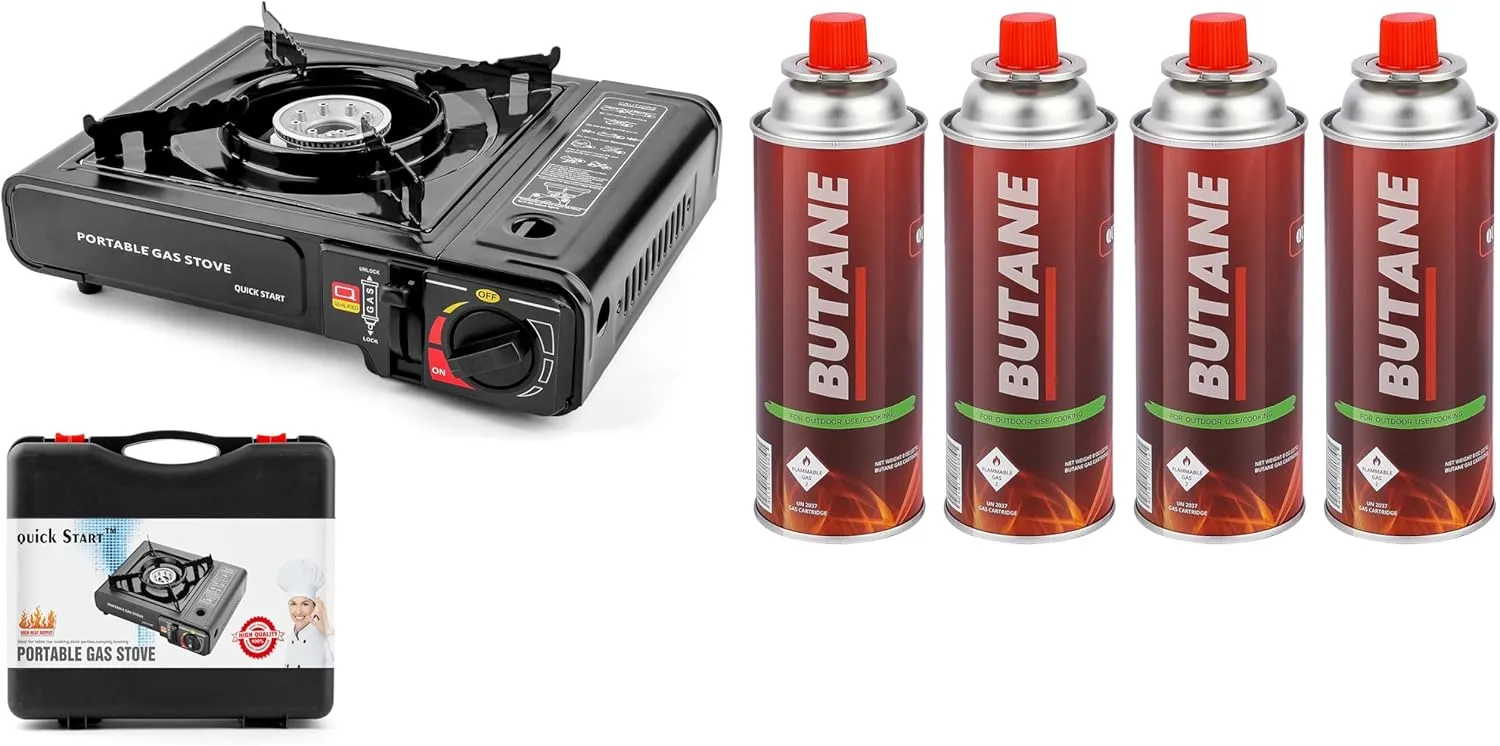 Portable Stove – High BTU, Professional Quality, Portable, with Carry Case, High Performance, Electronic Ignition, Brass Burner, Double Wind Guard   Butane Fuel Cylinders (Stove   4 Pack Butane Fuel)