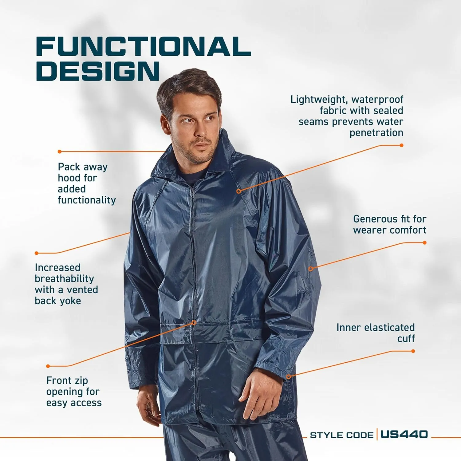 Portwest Classic Rain Jacket Waterproof Work Wear Coat Multi Pockets Outdoor Durable, Navy, Large