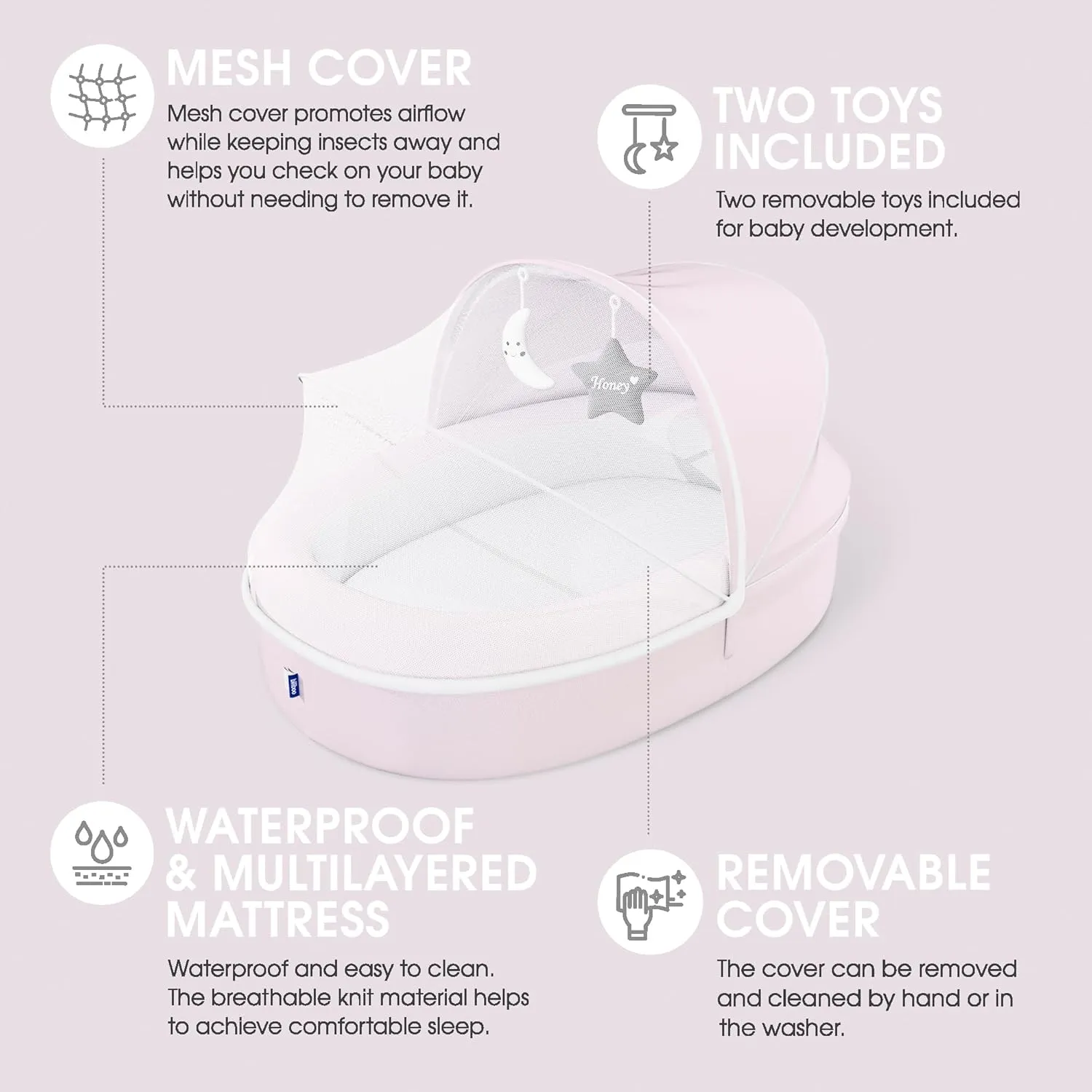 Premium Portable Baby Lounger Nest – Foldable Travel Bassinet for Newborn & Infant with Mesh Canopy, 2 Toys, Waterproof Mattress & Removable Cover – Pink