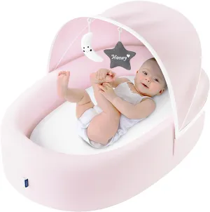 Premium Portable Baby Lounger Nest – Foldable Travel Bassinet for Newborn & Infant with Mesh Canopy, 2 Toys, Waterproof Mattress & Removable Cover – Pink