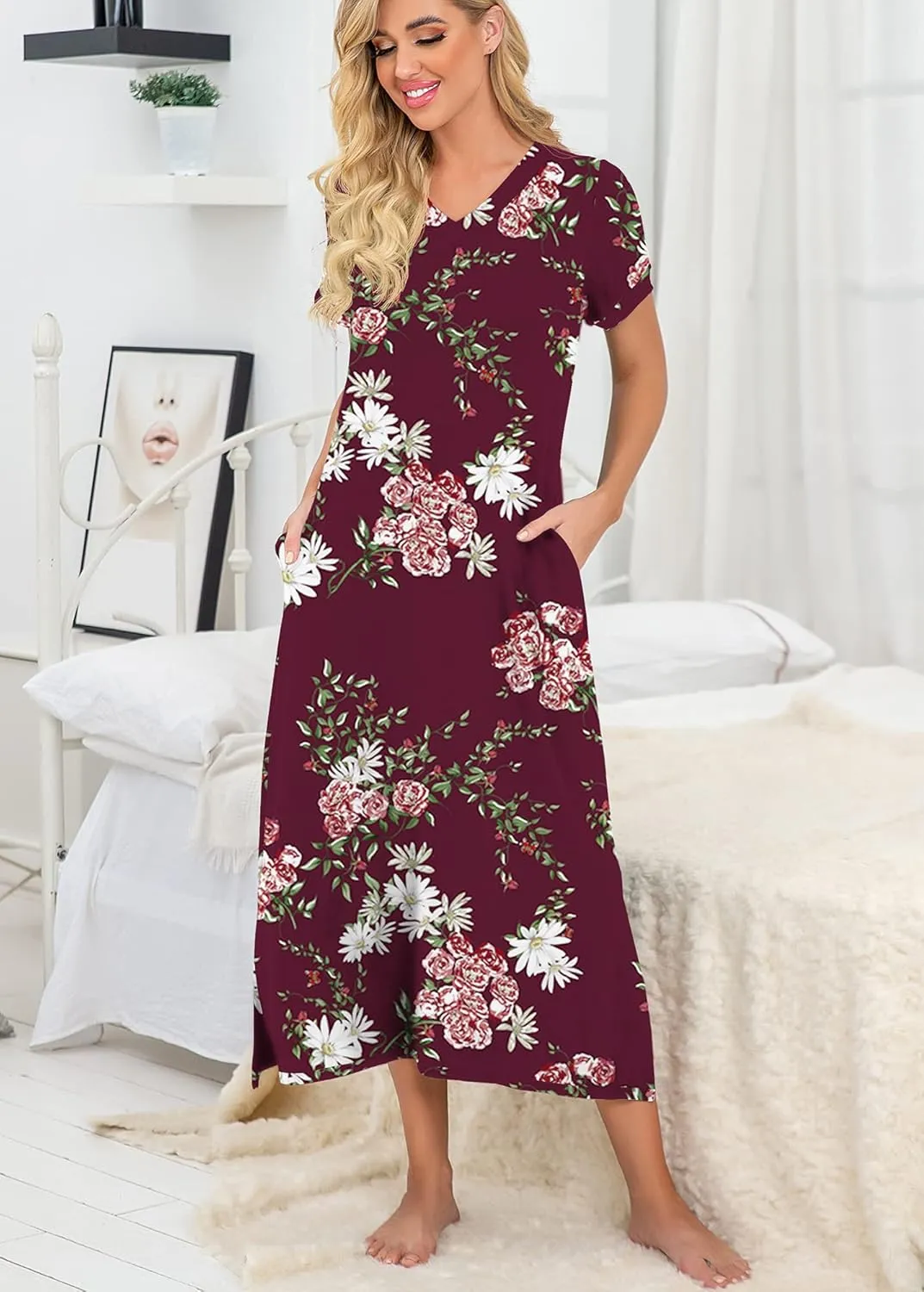 PrinStory Womens Long Nightgown Short Sleeve Nightshirt V-Neck Soft Loungewear Casual Sleepwear With Pockets