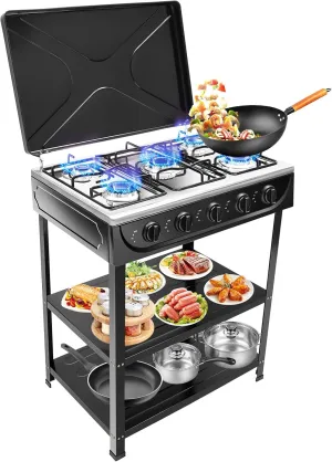 Propane Gas Stove, 5 Burner Propane Burner with 2 Placement Boards, Portable Gas Stove for RV, Apartment, Outdoor Cooking