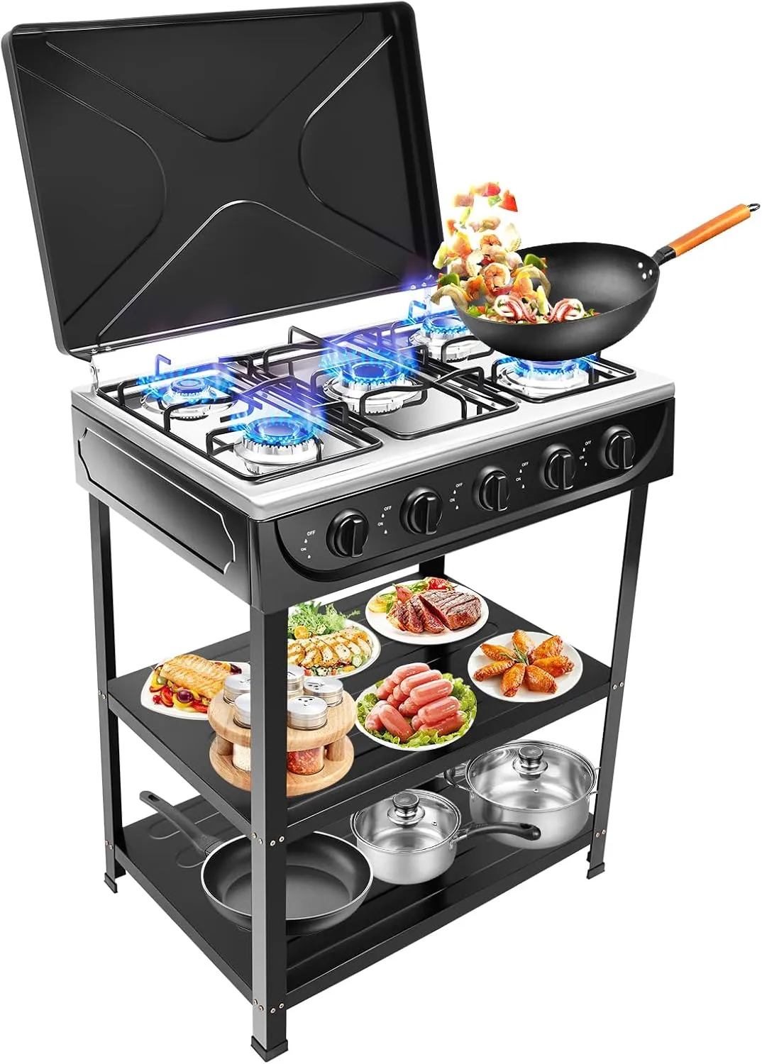 Propane Gas Stove, 5 Burner Propane Burner with 2 Placement Boards, Portable Gas Stove for RV, Apartment, Outdoor Cooking