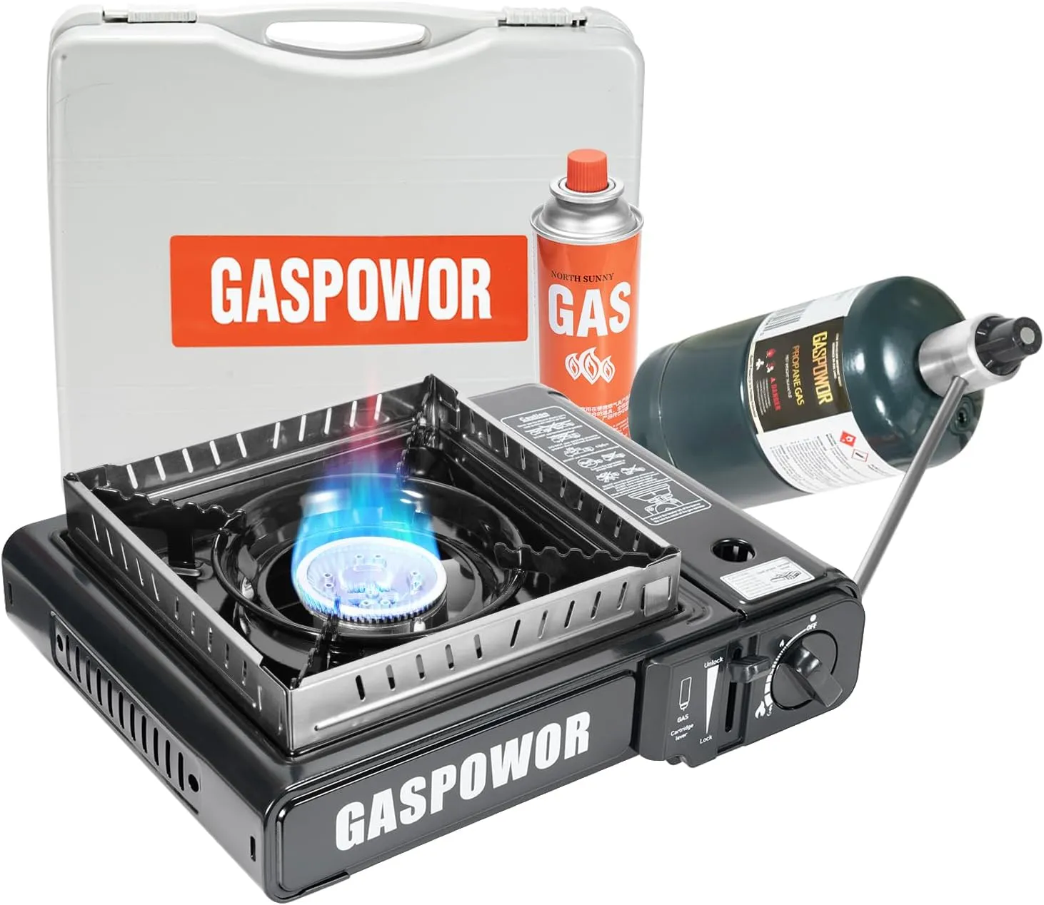Propane or Butane Stove Dual Fuel Stove Portable Camping Stove with Carrying Case&Windblocker, 10,000 BTU Butane Propane Stove, Automatic Ignition for Emergency Preparedness Kit (Fuel Not Included)