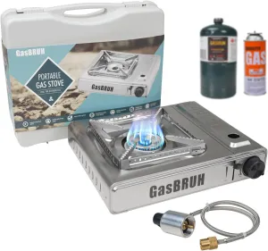 Propane or Butane Stove with Windblocker & Carry Case, Upgrade Dual Fuel 10000BTU Stainless Steel Portable Camping Gas Stove for Camping,Tailgating,Outdoor Cooking,Emergency(Fuel not included)