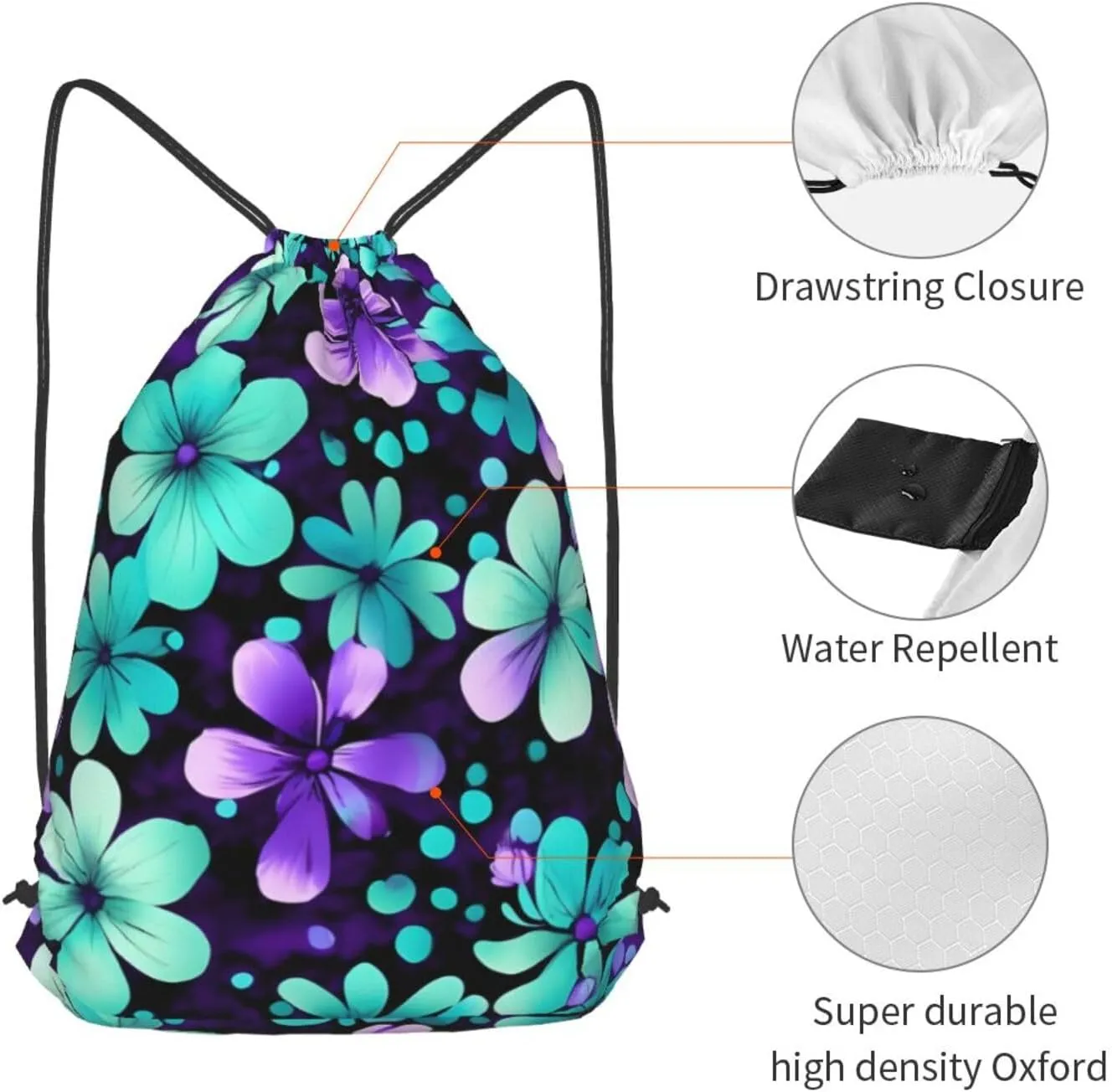 Purple And Teal Flowers Drawstring Backpack String Cinch Bag Polyester Sackpack For Fitness Training Workout