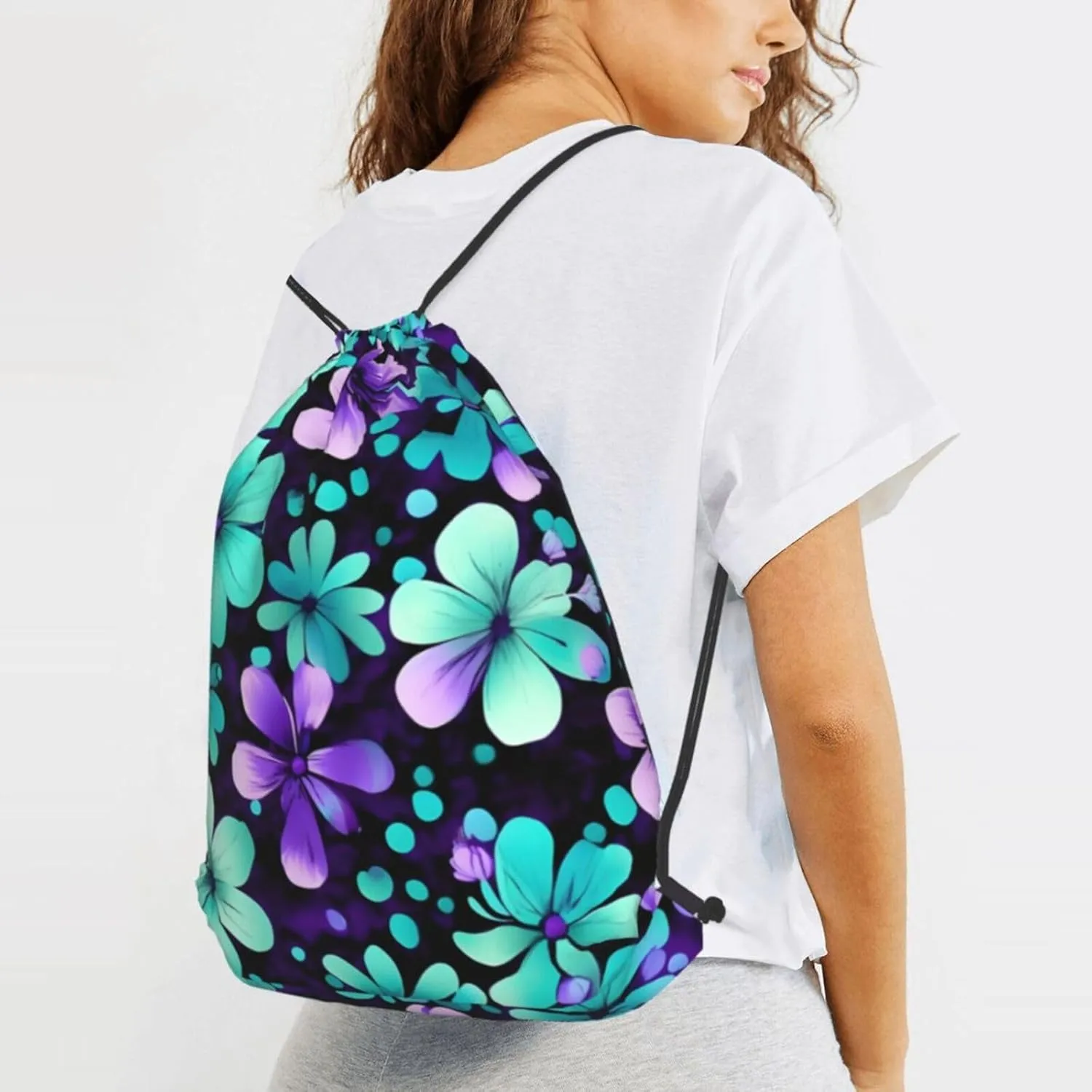 Purple And Teal Flowers Drawstring Backpack String Cinch Bag Polyester Sackpack For Fitness Training Workout