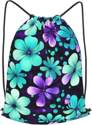 Purple And Teal Flowers Drawstring Backpack String Cinch Bag Polyester Sackpack For Fitness Training Workout