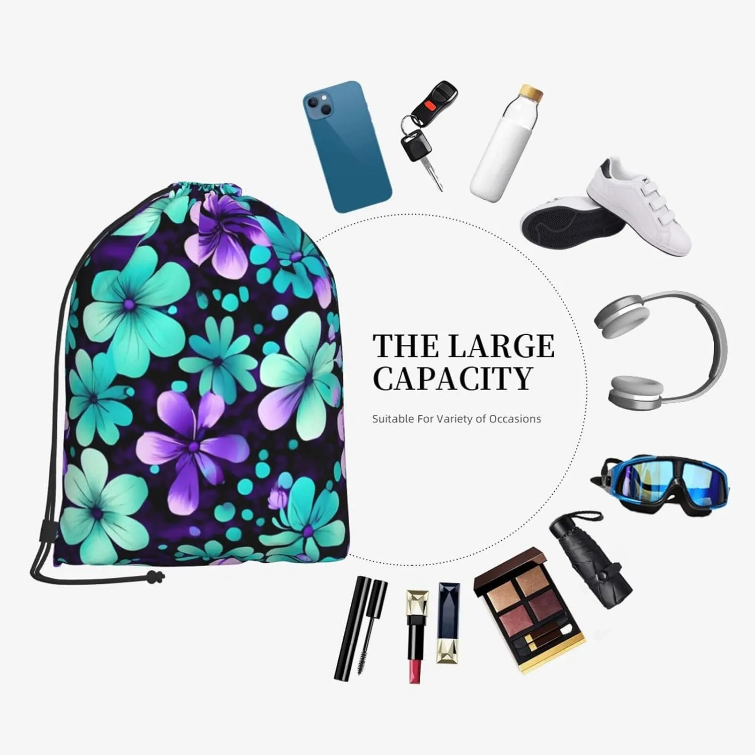 Purple And Teal Flowers Drawstring Backpack String Cinch Bag Polyester Sackpack For Fitness Training Workout