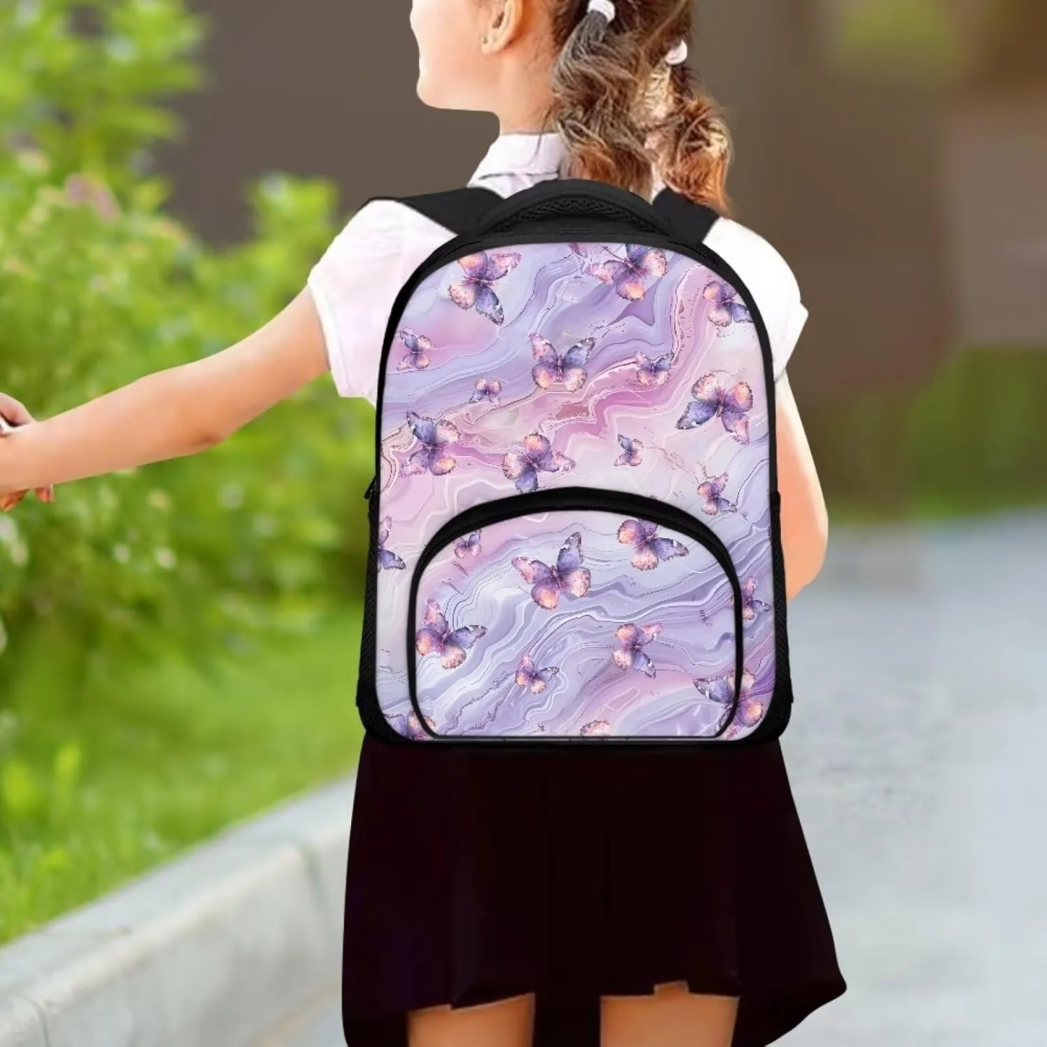 Purple Butterfly Backpack for Girls Tie Dye Quicksand Bookbag with Sturdy Shoulder Straps Lightweight School Bag for Daily Use Campus Travel Portable 12 Inch School Backpack Gifts